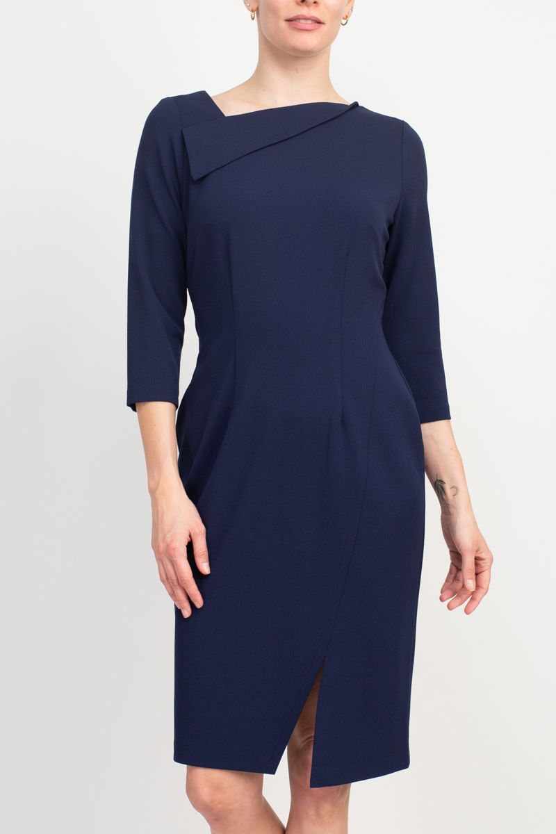 Connected Apparel Navy Crepe Front Slit Dress