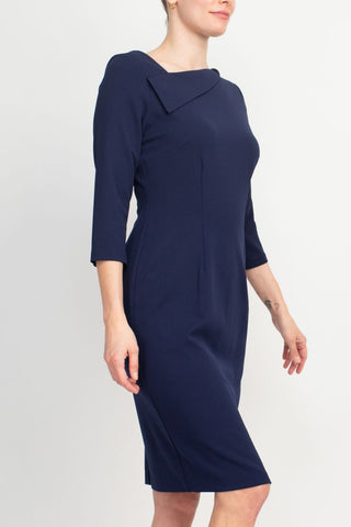 Connected Apparel Navy Crepe Front Slit Dress_Side View