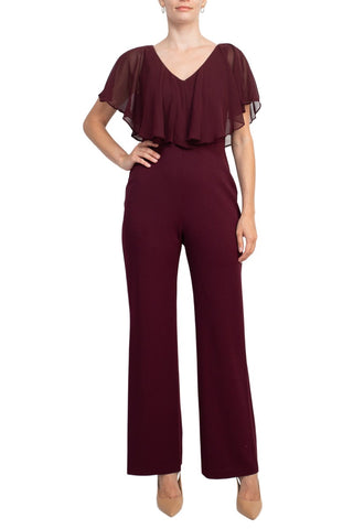 Connected Apparel V-Neck Popover Chiffon Top Zipper Back Solid Crepe Jumpsuit