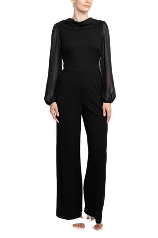 Connected Apparel Popover Neck Chiffon Long Sleeve Zipper Back Solid Jumpsuit - Black - Front