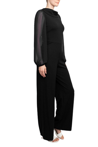 Connected Apparel Popover Neck Chiffon Long Sleeve Zipper Back Solid Jumpsuit - Black - Side