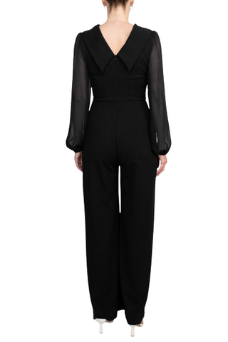 Connected Apparel Popover Neck Chiffon Long Sleeve Zipper Back Solid Jumpsuit - Black - Back