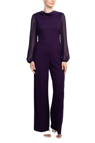 Connected Apparel Popover Neck Chiffon Long Sleeve Zipper Back Solid Jumpsuit - Eggplant - Front
