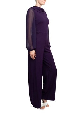 Connected Apparel Popover Neck Chiffon Long Sleeve Zipper Back Solid Jumpsuit - Eggplant - Side