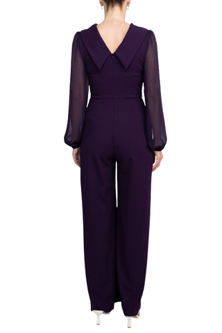 Connected Apparel Popover Neck Chiffon Long Sleeve Zipper Back Solid Jumpsuit - Eggplant - Back