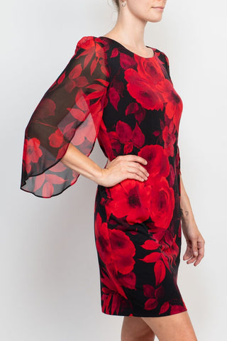 Vestido camisero con cuello barco, abertura en la parte delantera, mangas ¾ de gasa y estampado floral de Connected Apparel