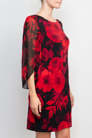 Vestido camisero con cuello barco, abertura en la parte delantera, mangas ¾ de gasa y estampado floral de Connected Apparel