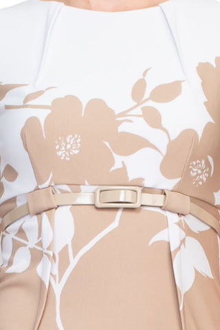 Connected Apparel Sleeveless Floral Sheath Dress With Belt - Camel White - Fabric