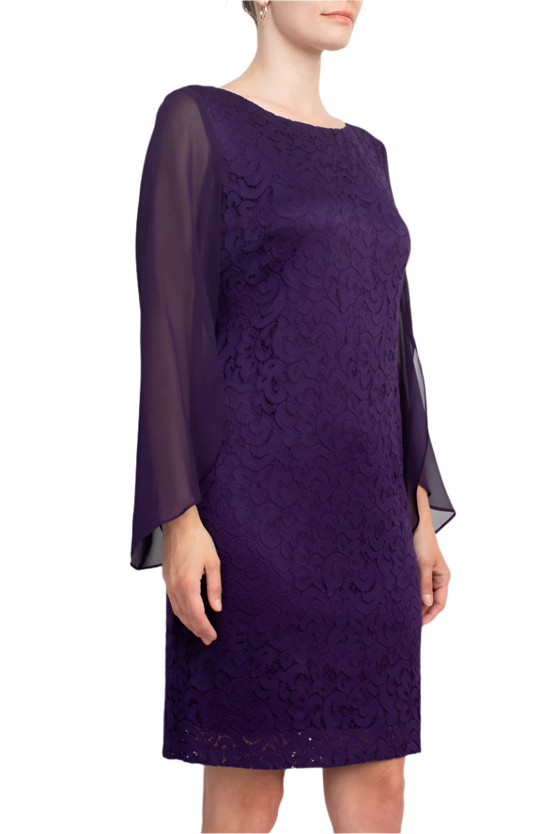 Connected Apparel Boat Neck Chiffon Long Sleeve Sheath Embroidered Dress | Available at Curated Brands in Los Angeles Connected Apparel Boat Neck Chiffon Long Sleeve Sheath Embroidered Dress | Available at Curated Brands in Los Angeles