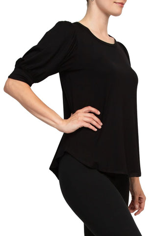 Joan Vass NY Scoop Neck Short Shirred Sleeve Solid Shirttail Hem - Black - Side