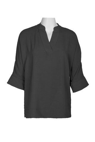 Joan Vass NY V-Neck Split Placket 3/4 Roll Up Tab Sleeve Solid Polyester Blouse