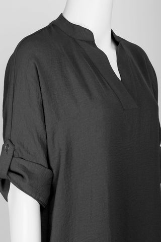 Joan Vass NY V-Neck Split Placket 3/4 Roll Up Tab Sleeve Solid Polyester Blouse