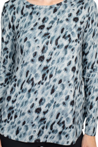 Joan Vass NY Boat Neck Long Sleeve High-Low Hem Animal Print Jersey Top - GREY LEOPARD BLACK - Fabric