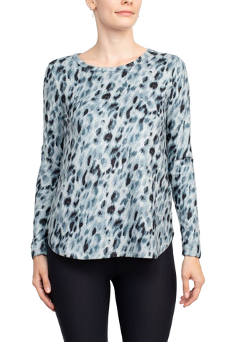 Joan Vass NY Boat Neck Long Sleeve High-Low Hem Animal Print Jersey Top - GREY LEOPARD BLACK - Front