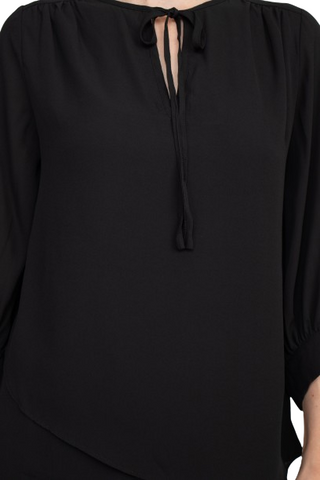 Joan Vass NY Crew Neck Tie Neck 3-4 Shirred Sleeve Front Panel Double Layer Crepe Top - Black - Fabric