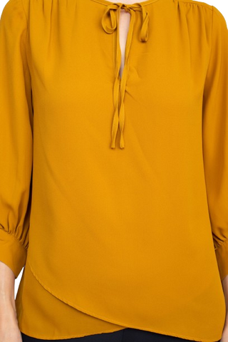 Joan Vass NY Crew Neck Tie Neck 3-4 Shirred Sleeve Front Panel Double Layer Crepe Top - Mustard - Fabric