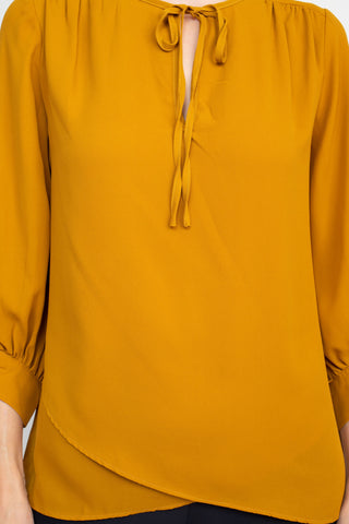 Joan Vass NY Crew Neck Tie Neck 3-4 Shirred Sleeve Front Panel Double Layer Crepe Top
