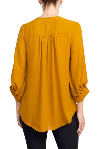 Joan Vass NY Crew Neck Tie Neck 3-4 Shirred Sleeve Front Panel Double Layer Crepe Top - Mustard - Back