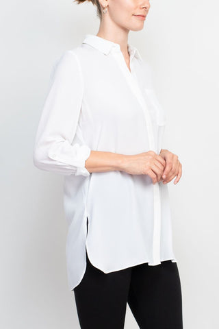 Joan Vass NY collared 3/4 sleeve front button closure chiffon crepe shirt