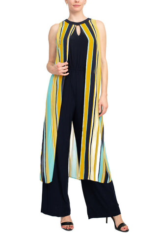 Emma & Michele Sleeveless Scoop Neck Stripped Jumpsuit - Blue Blue Yellow_Front View