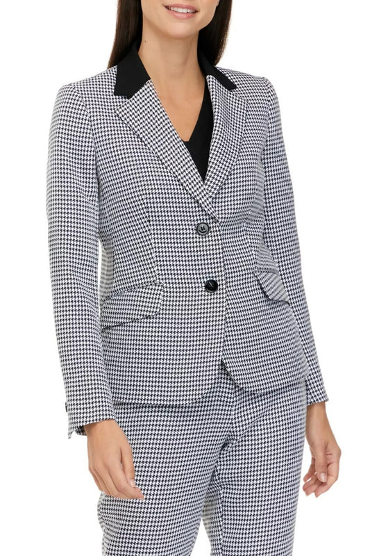 Kasper Notched Collar Button Closure Long Sleeve Houndstooth Stretch Crepe Blazer