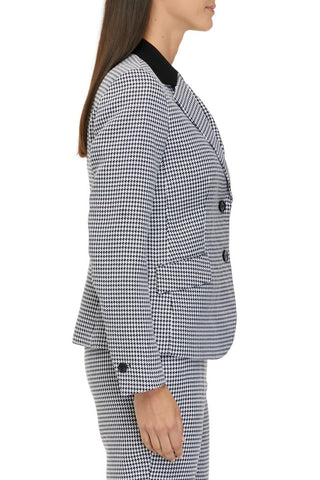 Kasper Notched Collar Button Closure Long Sleeve Houndstooth Stretch Crepe Blazer