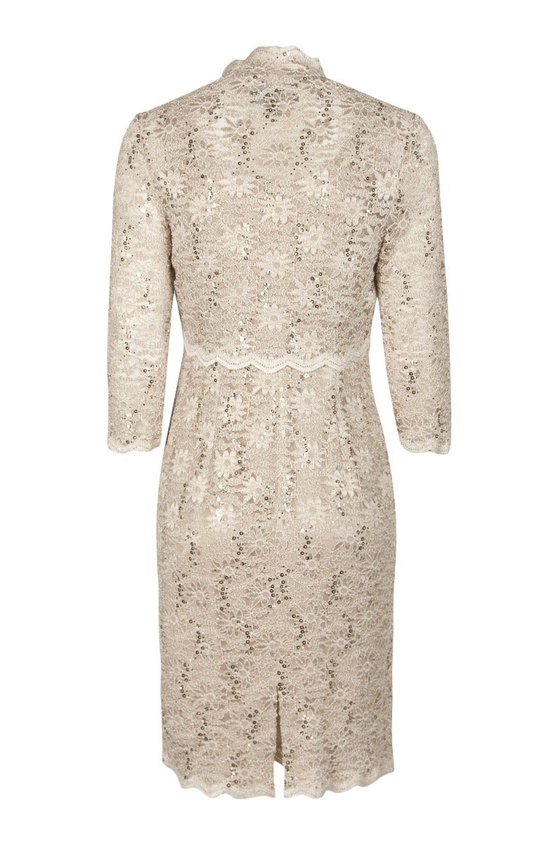 Alex Evenings Square Neck Sleeveless Bodycon Zipper Back Slit Back Embellished Lace Dress with 3-4 Bolero | Available at Curated Brands in Los Angeles Alex Evenings Square Neck Sleeveless Bodycon Zipper Back Slit Back Embellished Lace Dress with 3-4 Bolero | Available at Curated Brands in Los Angeles