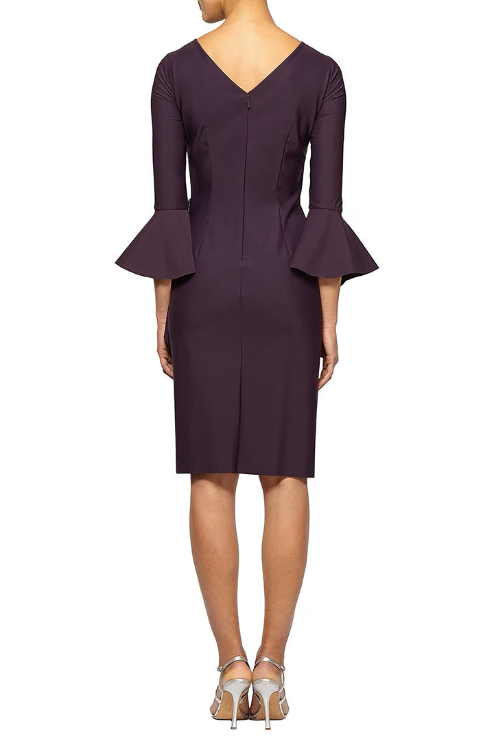 Alex Evenings Boat Neck Bell Sleeve Embellished Brooch Cascade Ruffle Side Solid Scuba Crepe Dress Alex Evenings Boat Neck Bell Sleeve Embellished Brooch Cascade Ruffle Side Solid Scuba Crepe Dress