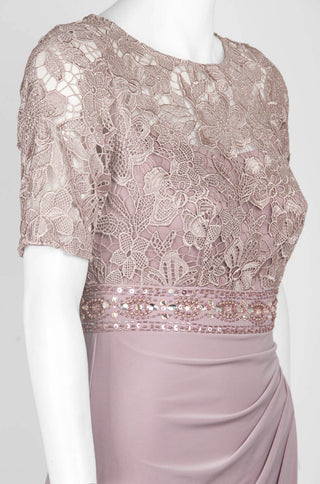 Decode Crew Neck Short Sleeve Zipper Back Illusion Floral Lace Bodice Gathered Side Drape Jersey Gown