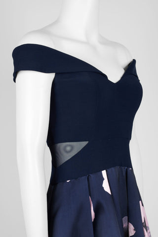 Xscape Off-Shoulder Pleated Zipper Back Jersey Tafetta Dress