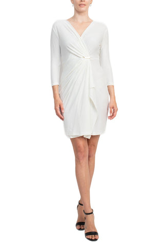 Emma & Michele V-Neck Gathered Front 3/4 Sleeve Solid Jersey Dress - Ivory - Front Full View