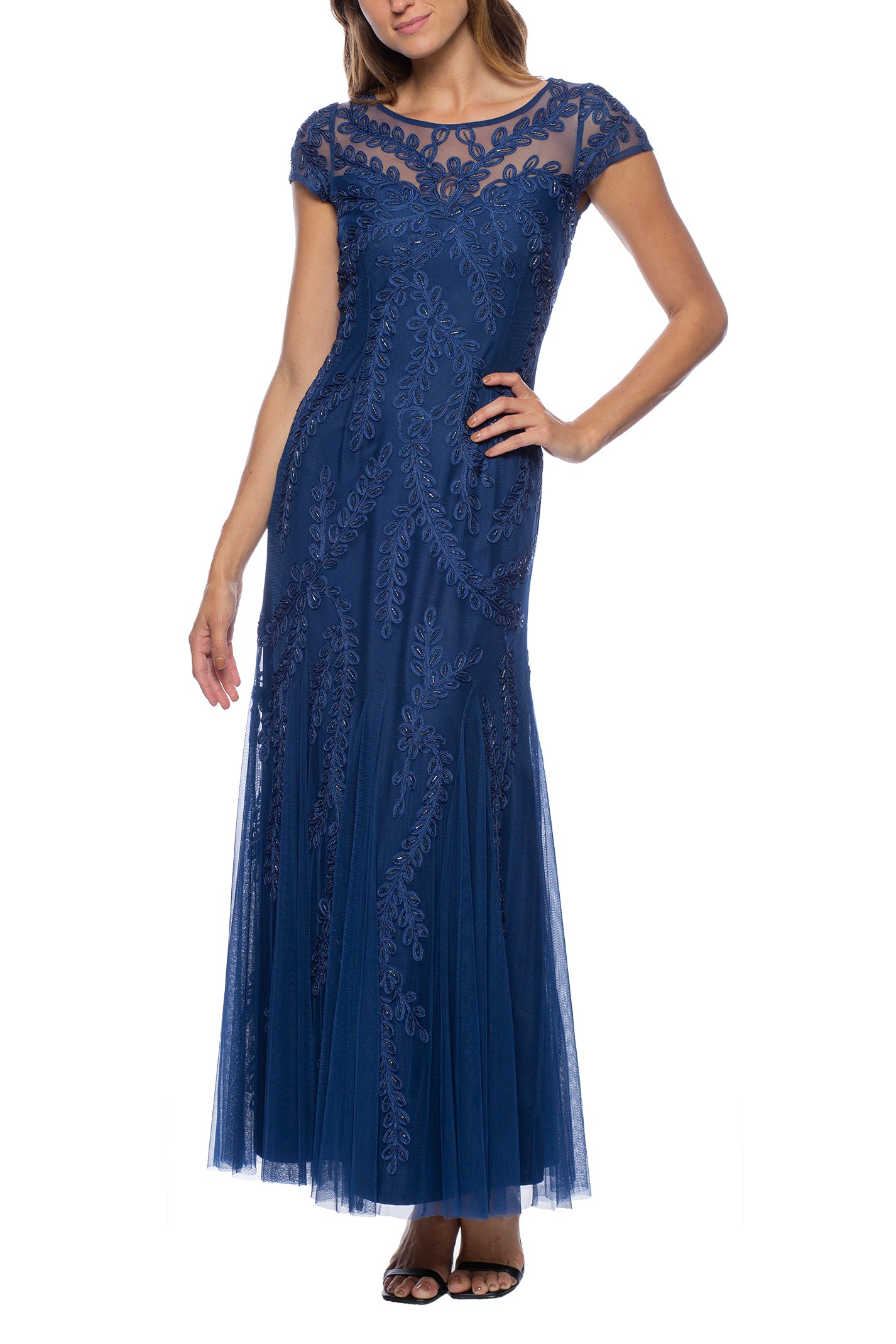 Marina Illusion Boat Neck Cap Sleeve Zipper Back Embellished Mesh