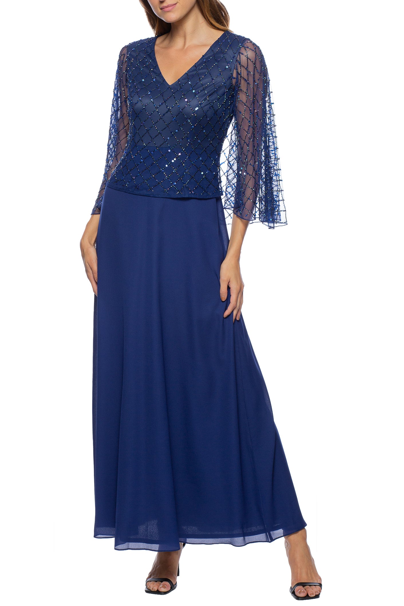 Marina V-Neck ¾ Sleeves Beaded Capelet Solid Chiffon Gown