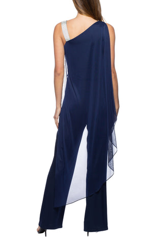 Marina Sleeveless Asymmetric Neck Embellished Chiffon Cape Jumpsuit - Navy_Back View