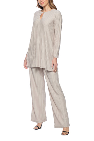 Marina Long Sleeve Keyhole Neck Pleated Knit 2-Piece Pant Set-Champagne_Front View