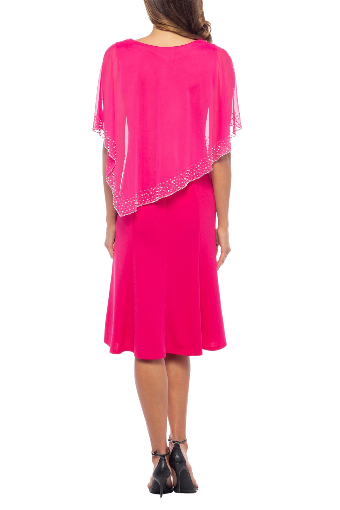 Marina Chiffon Sequin Asymmetric Capelet Dress - Fuchsia and Royal Marina Chiffon Sequin Asymmetric Capelet Dress - Fuchsia and Royal