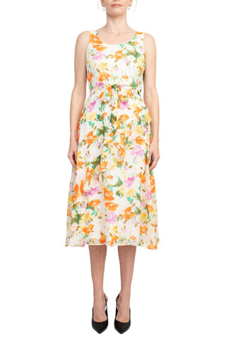 Maison Tara Scoop Neck Back Zipper Sleeveless Floral Midi Dress With Matching Chiffon Jacket