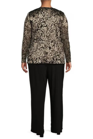 Marina Plus Size Long Sleeve Scoop Neck Metallic Jumpsuit and Jacket-Black Gold-Black View