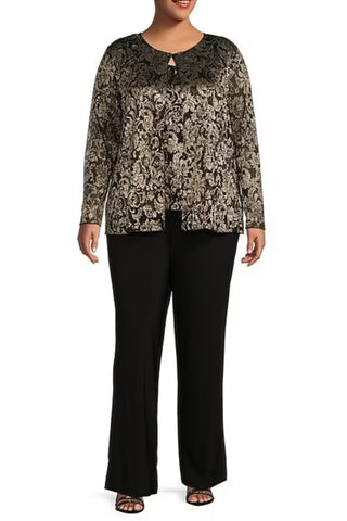 Marina Plus Size Long Sleeve Scoop Neck Metallic Jumpsuit and Jacket-Black Gold-Front View