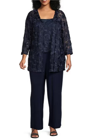 Marina Plus Size 3/4 Sleeve Square Neck Jumpsuit And Jacket 2-Piece Set-Navy-Front View