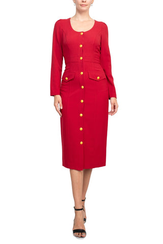 Taylor Scoop Neck Long Sleeve Banded Front Button Closure Solid Stretch Crepe Dress - Classic Red - Front