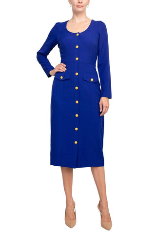 Taylor Scoop Neck Long Sleeve Banded Front Button Closure Solid Stretch Crepe Dress - Kashmire Blue - Front