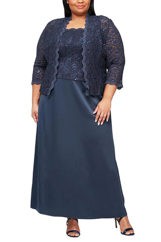 Alex Evenings Square Neck Lace Top A-Line Dress with 3/4 Sleeve Lace Jacket (2 Piece Set) - Midnight - Front