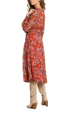 Sam Edelman V-neck long sleeve tie side floral print A-line chiffon dress_RED MULTI_back
