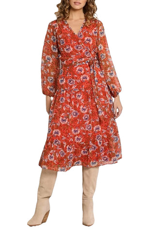 Sam Edelman V-neck long sleeve tie side floral print A-line chiffon dress_RED MULTI_front