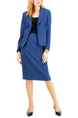 Le Suit Shawl Collar 2 Button Jacket With Matching Crepe Skirt - Front View - Blue