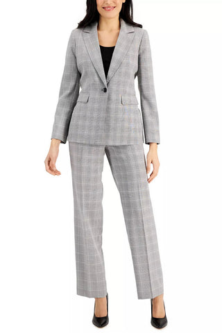 Le Suit Notched Collar Long Sleeve One Button Closure Front Shoulder Pads Flap Pockets Crepe Jacket with Pants (Petite) - Black White - Front