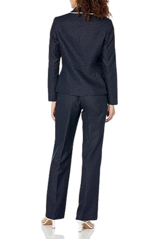 Le Suit Petite Birdseye Jacquard Two Button Piped Jacket and Pant Set Black Vanilla Ice_Bank View