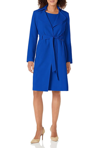 Le Suit Petite Crepe Belted Trench Jacket and Sheath Dress Set in Celeste Blue_Front View