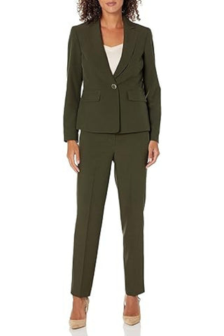 Le Suit Stretch Crepe One Button Pant Suit Set - BASIL Green_ Front View